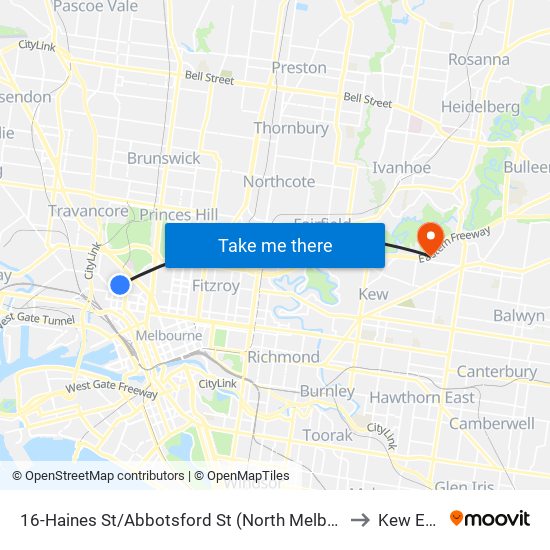 16-Haines St/Abbotsford St (North Melbourne) to Kew East map