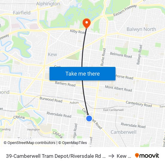 39-Camberwell Tram Depot/Riversdale Rd (Hawthorn East) to Kew East map