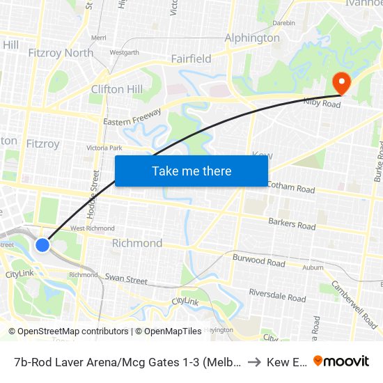 7b-Rod Laver Arena/Mcg Gates 1-3 (Melbourne City) to Kew East map