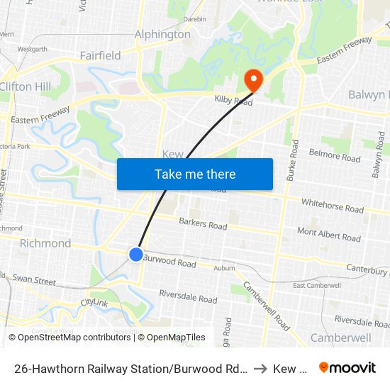 26-Hawthorn Railway Station/Burwood Rd (Hawthorn) to Kew East map