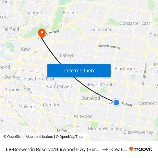 68-Benwerrin Reserve/Burwood Hwy (Burwood East) to Kew East map