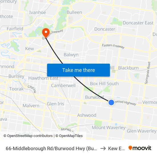 66-Middleborough Rd/Burwood Hwy (Burwood) to Kew East map