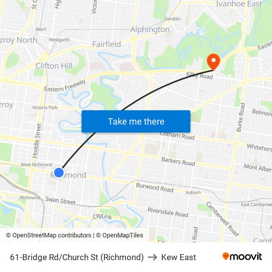 61-Bridge Rd/Church St (Richmond) to Kew East map