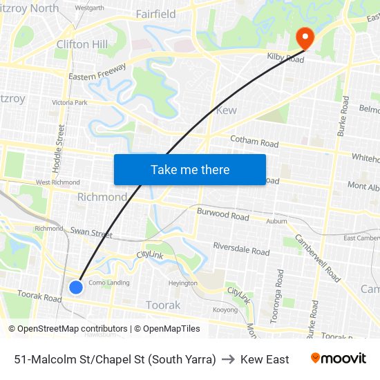 51-Malcolm St/Chapel St (South Yarra) to Kew East map