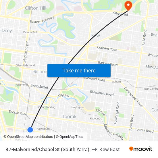 47-Malvern Rd/Chapel St (South Yarra) to Kew East map