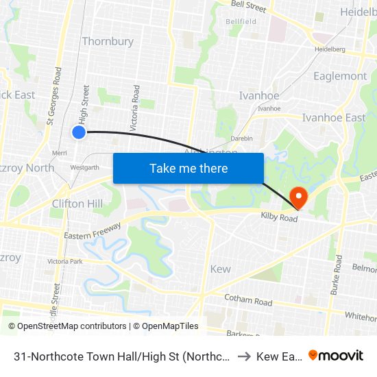 31-Northcote Town Hall/High St (Northcote) to Kew East map