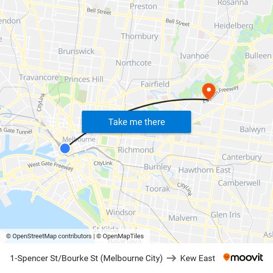 1-Spencer St/Bourke St (Melbourne City) to Kew East map