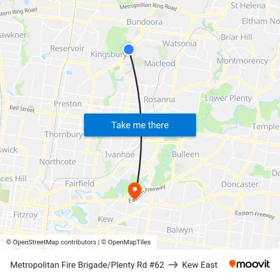 Metropolitan Fire Brigade/Plenty Rd #62 to Kew East map