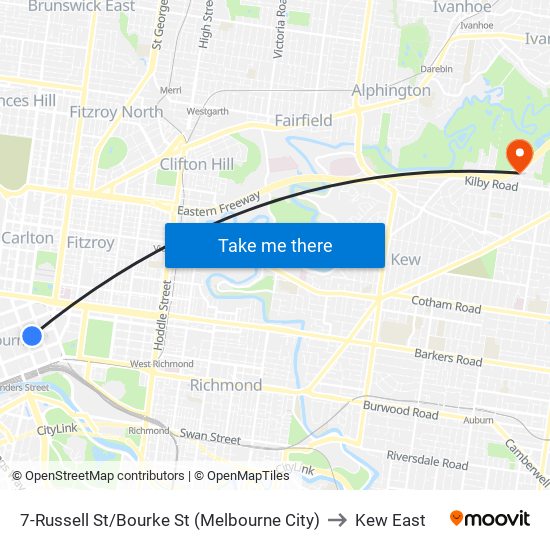 7-Russell St/Bourke St (Melbourne City) to Kew East map