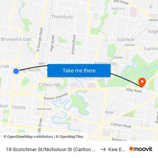 18-Scotchmer St/Nicholson St (Carlton North) to Kew East map