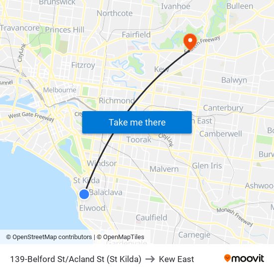 139-Belford St/Acland St (St Kilda) to Kew East map