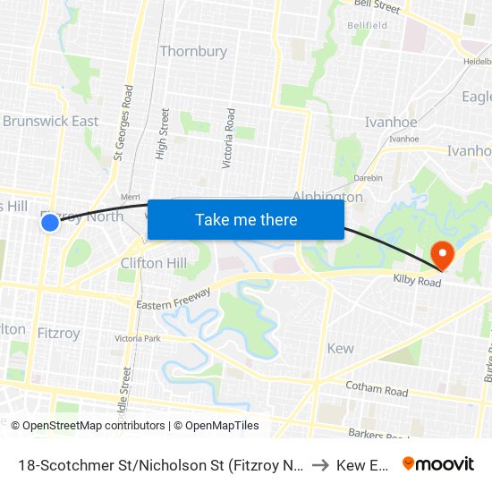 18-Scotchmer St/Nicholson St (Fitzroy North) to Kew East map