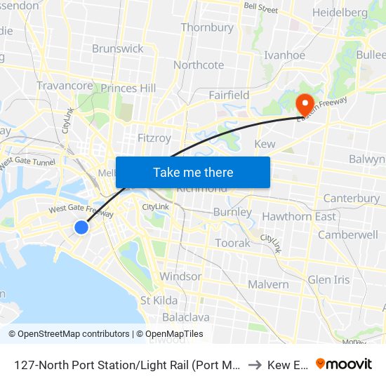 127-North Port Station/Light Rail (Port Melbourne) to Kew East map