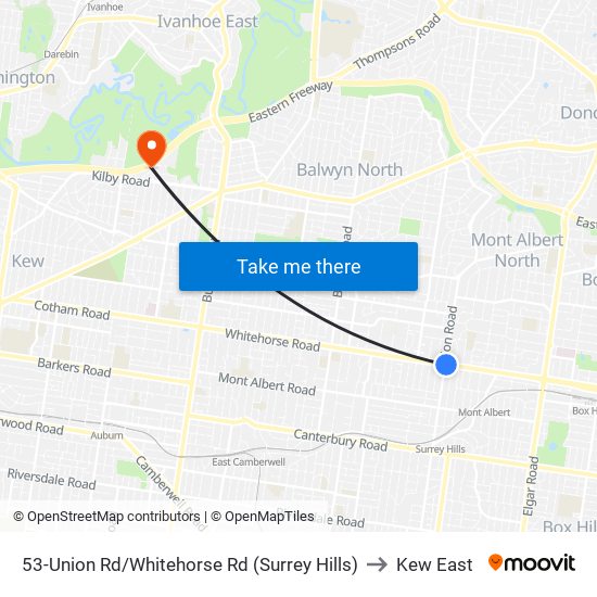 53-Union Rd/Whitehorse Rd (Surrey Hills) to Kew East map