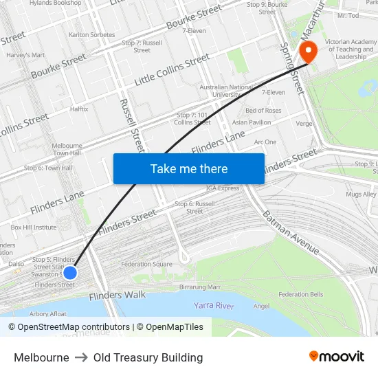 Melbourne to Old Treasury Building map