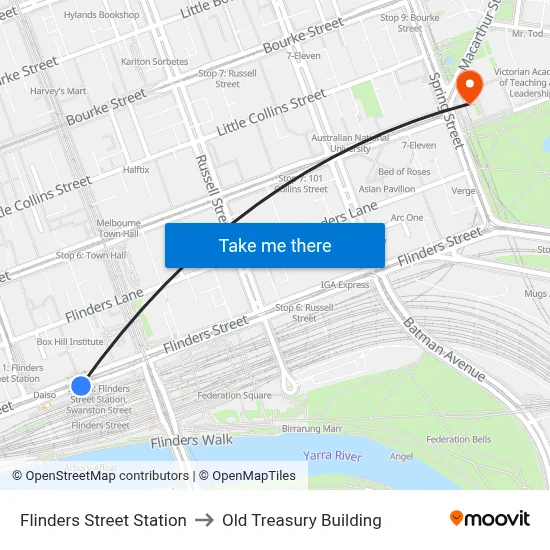 Flinders Street Station to Old Treasury Building map