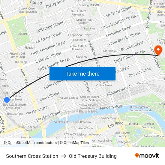 Southern Cross Station to Old Treasury Building map