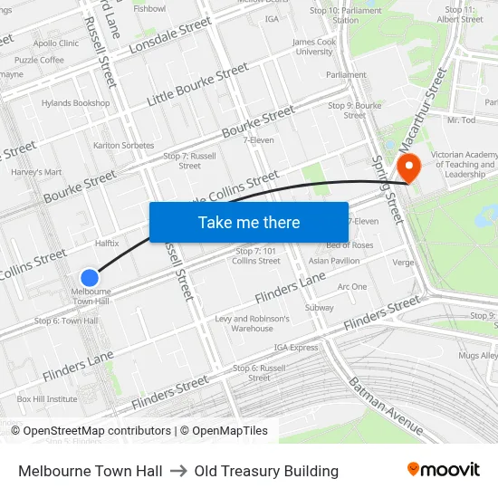 Melbourne Town Hall to Old Treasury Building map