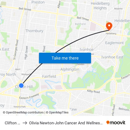 Clifton Hill to Olivia Newton-John Cancer And Wellness Centre map