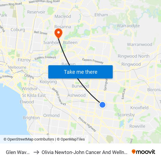 Glen Waverley to Olivia Newton-John Cancer And Wellness Centre map