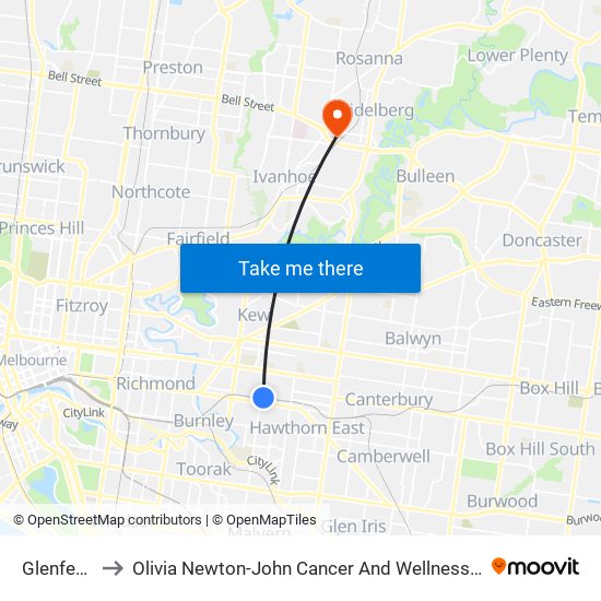 Glenferrie to Olivia Newton-John Cancer And Wellness Centre map