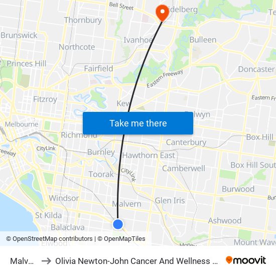 Malvern to Olivia Newton-John Cancer And Wellness Centre map