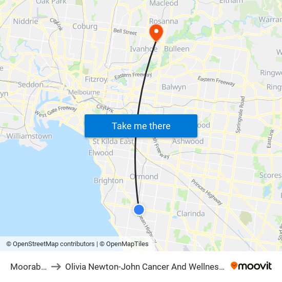 Moorabbin to Olivia Newton-John Cancer And Wellness Centre map