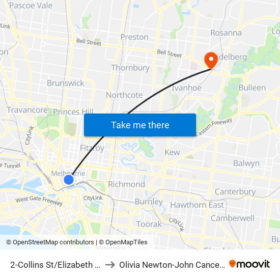 2-Collins St/Elizabeth St (Melbourne City) to Olivia Newton-John Cancer And Wellness Centre map