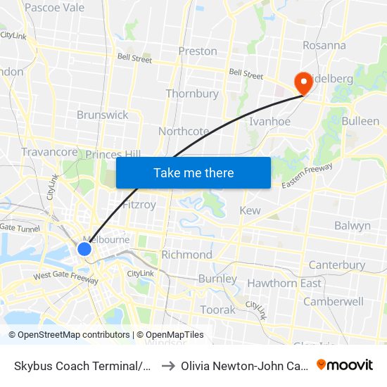 Skybus Coach Terminal/Spencer St (Melbourne City) to Olivia Newton-John Cancer And Wellness Centre map