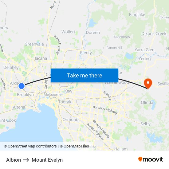 Albion to Mount Evelyn map