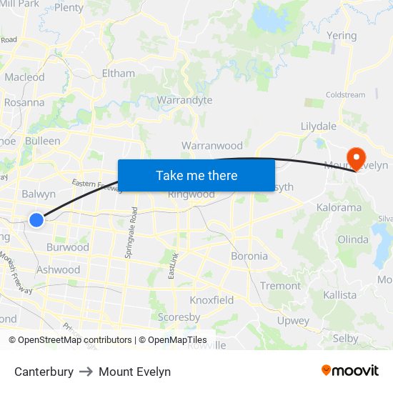 Canterbury to Mount Evelyn map