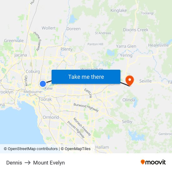 Dennis to Mount Evelyn map