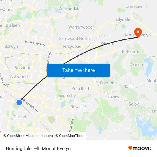 Huntingdale to Mount Evelyn map