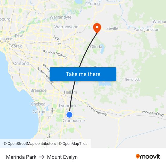 Merinda Park to Mount Evelyn map