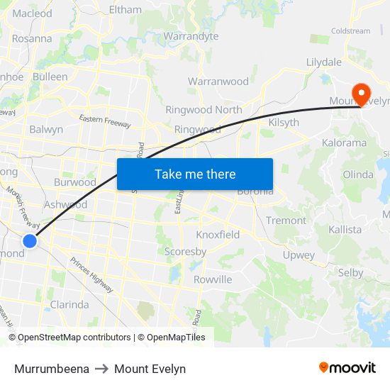 Murrumbeena to Mount Evelyn map