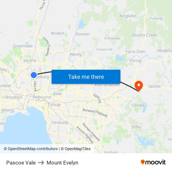 Pascoe Vale to Mount Evelyn map