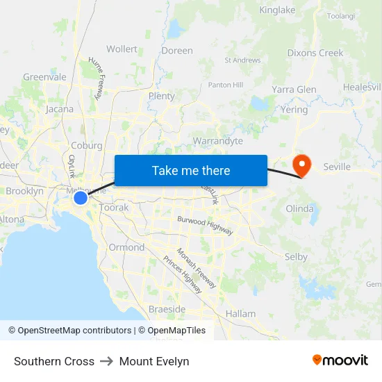 Southern Cross to Mount Evelyn map
