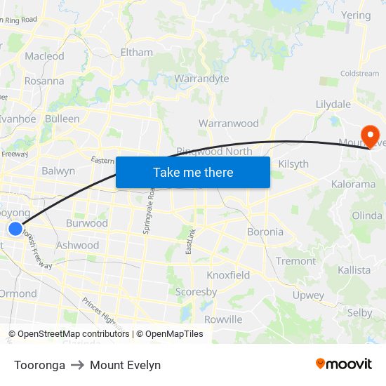 Tooronga to Mount Evelyn map