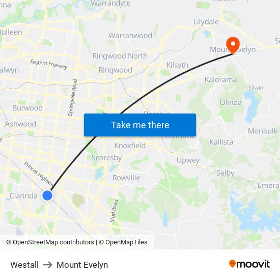 Westall to Mount Evelyn map