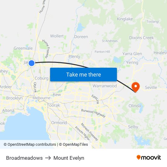 Broadmeadows to Mount Evelyn map