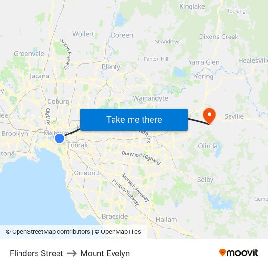 Flinders Street to Mount Evelyn map