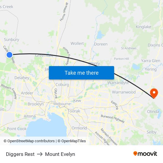 Diggers Rest to Mount Evelyn map