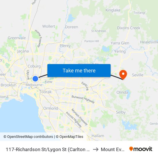 117-Richardson St/Lygon St (Carlton North) to Mount Evelyn map