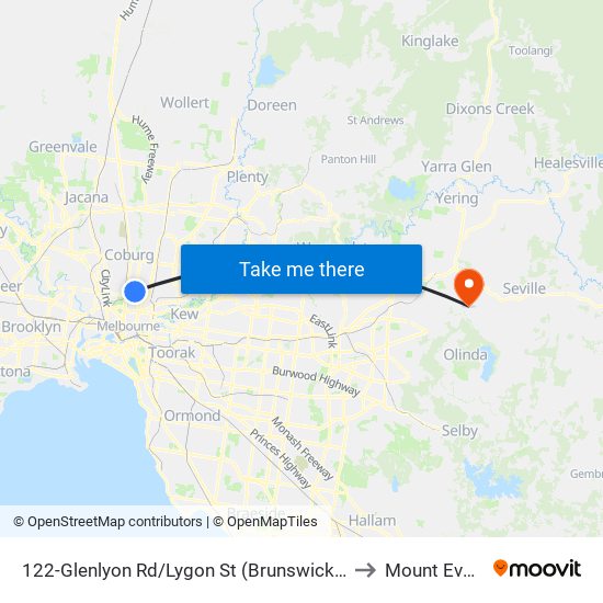 122-Glenlyon Rd/Lygon St (Brunswick East) to Mount Evelyn map