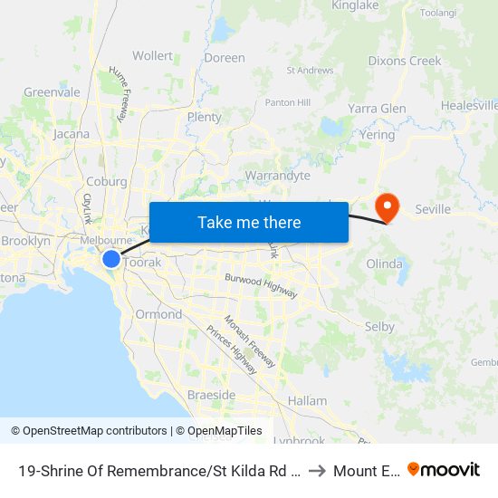19-Shrine Of Remembrance/St Kilda Rd (Melbourne City) to Mount Evelyn map