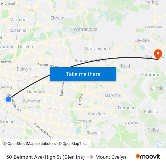 50-Belmont Ave/High St (Glen Iris) to Mount Evelyn map