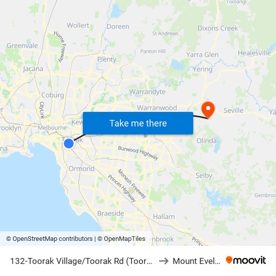132-Toorak Village/Toorak Rd (Toorak) to Mount Evelyn map
