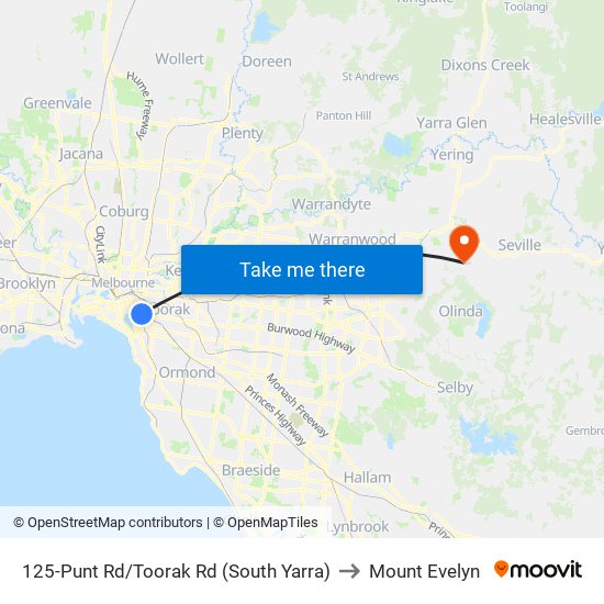 125-Punt Rd/Toorak Rd (South Yarra) to Mount Evelyn map