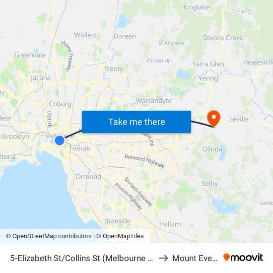 5-Elizabeth St/Collins St (Melbourne City) to Mount Evelyn map