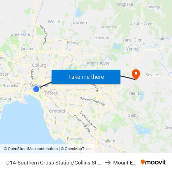 D14-Southern Cross Station/Collins St (Docklands) to Mount Evelyn map